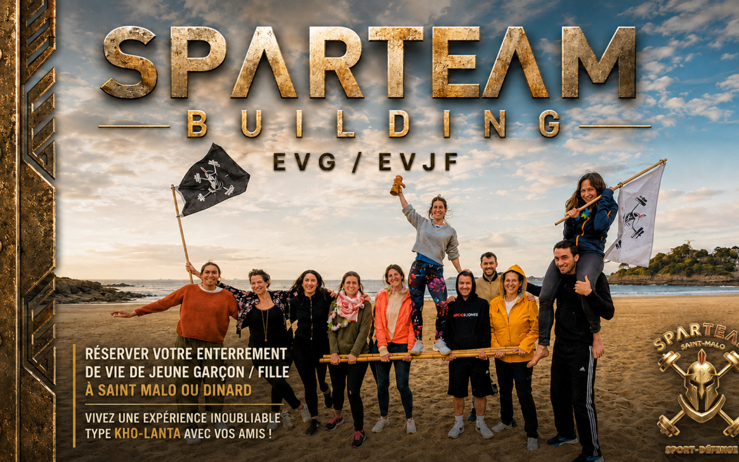 Groupe d'amis célébrant un evg evjf saint malo sur la plage avec SPARTEAM Building, ambiance défi Koh-Lanta.