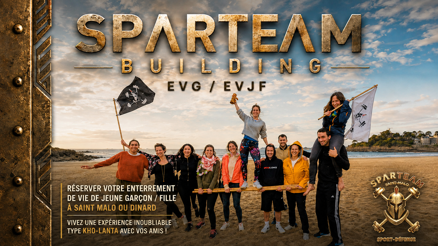 SPARTEAM Building EVG EVJF Koh-Lanta Saint Malo Dinard (1) Groupe d'amis célébrant un evg evjf saint malo sur la plage avec SPARTEAM Building, ambiance défi Koh-Lanta.