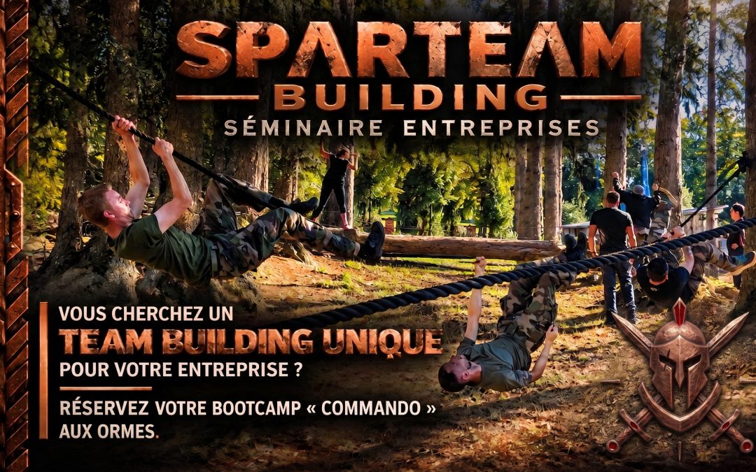 team building domaine des ormes : collaborateurs franchissant un obstacle de cordes lors d'un bootcamp organisé par SPARTEAM.