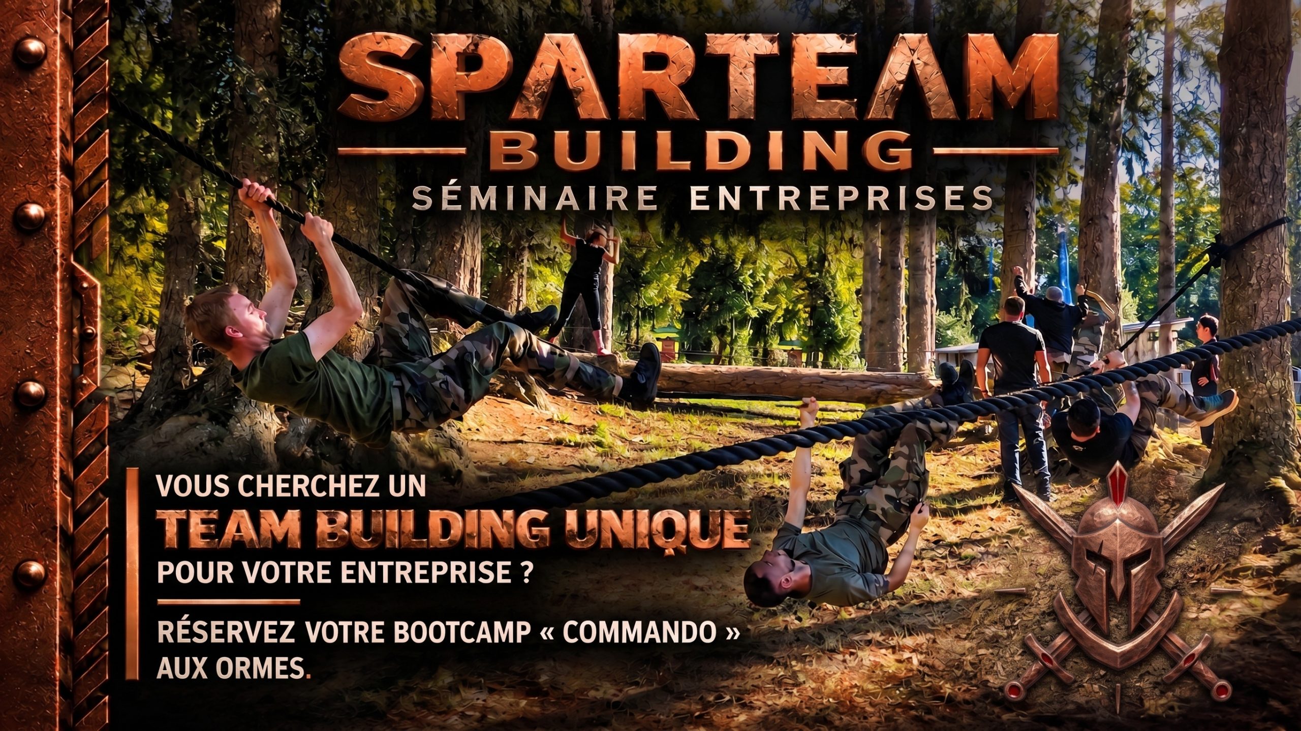 SPARTEAM team building commando Séminaire Les Ormes île et vilaine Bretagne (1) team building domaine des ormes : collaborateurs franchissant un obstacle de cordes lors d'un bootcamp organisé par SPARTEAM.